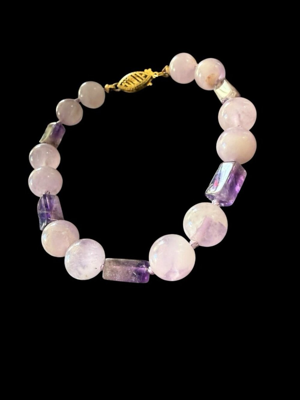 Vintage 14K Gold Filled Rose Quartz Amethyst Gemstone Knotted Bracelet 6.75”